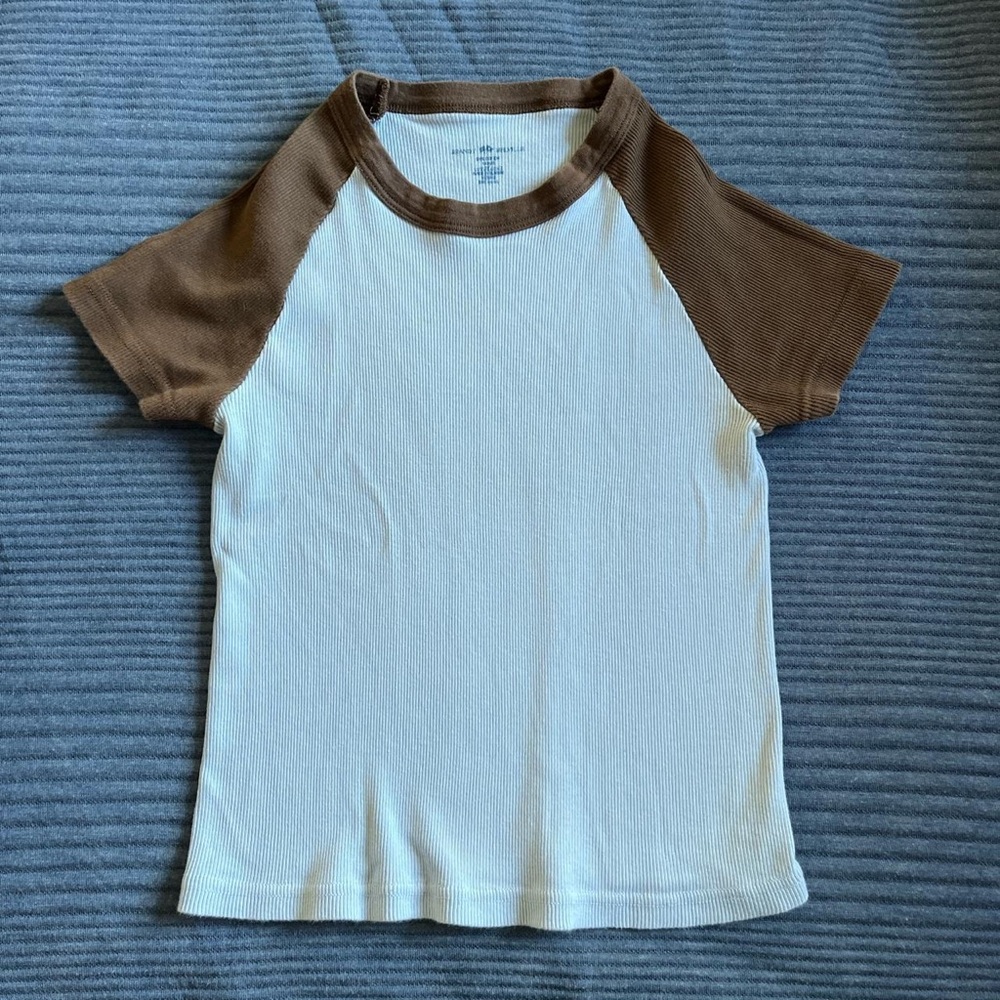 Brandy Mellville Baby Blue and Brown Short Sleeve Ribbed Fitted T Shirt One Size